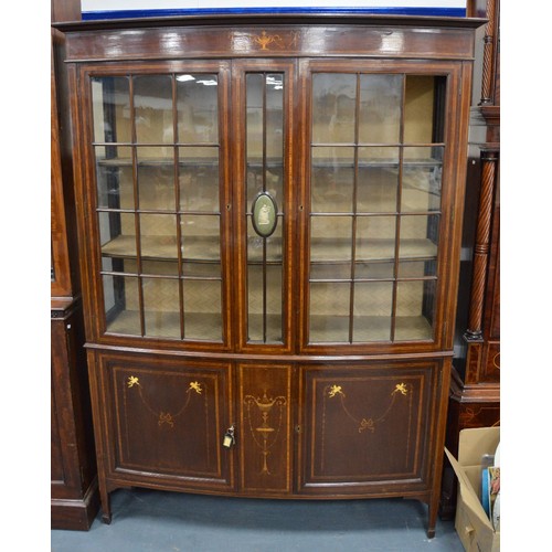 415 - Edwardian inlaid mahogany display cabinet with two astragal glazed doors inset with a classical-them... 