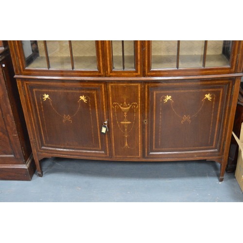 415 - Edwardian inlaid mahogany display cabinet with two astragal glazed doors inset with a classical-them... 