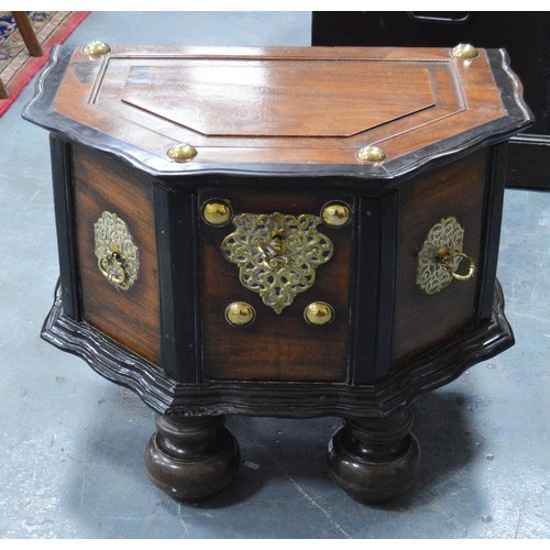 437 - Dutch Colonial teak and ebony chest, c. 19th century, the hinged top with brass studs, serpentine fr... 