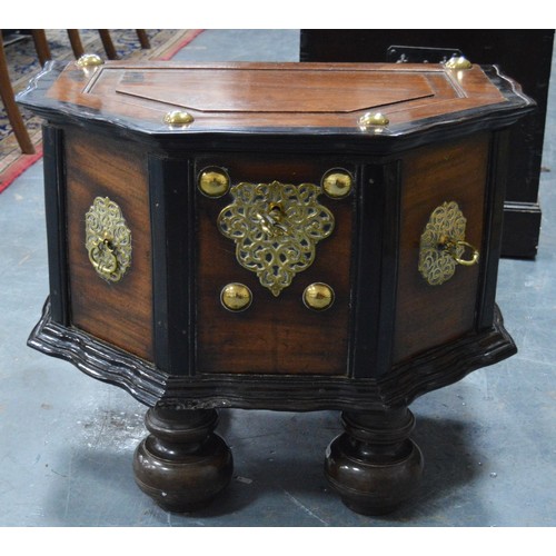 437 - Dutch Colonial teak and ebony chest, c. 19th century, the hinged top with brass studs, serpentine fr... 