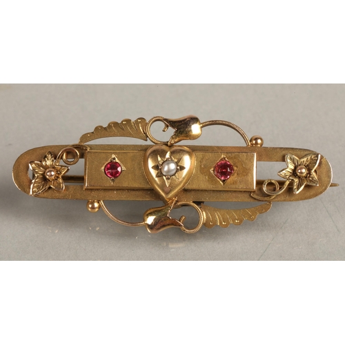 102 - 9ct gold bar brooch set with a seed pearl and two rubies, 3g