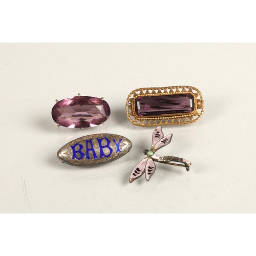 104 - Four brooches including enamelled dragonfly, gem set, and blue enamelled white metal 'BABY' (pin mis... 