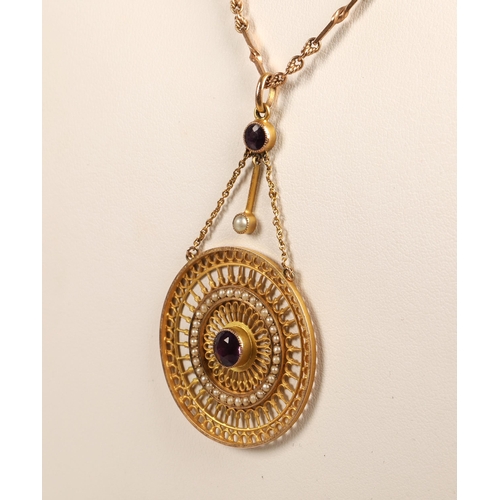 105 - 9K gold Indian style pendant on chain set with two amethysts and seed pearls, gross weight 9.9g