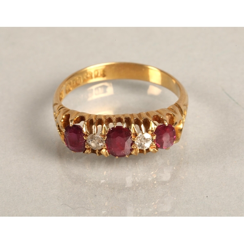 106 - 18ct gold ring set with three rubies interspersed wit two small diamonds, ring size O, 4g