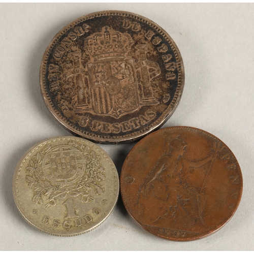 120 - Three coins - 1907 Edward VII penny, Portuguese Escudo 1927, and Spanish 5 Pesetas 1888