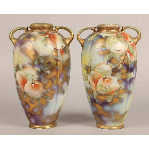 18 - Pair of Noritaki twin handled floral decorated vases.