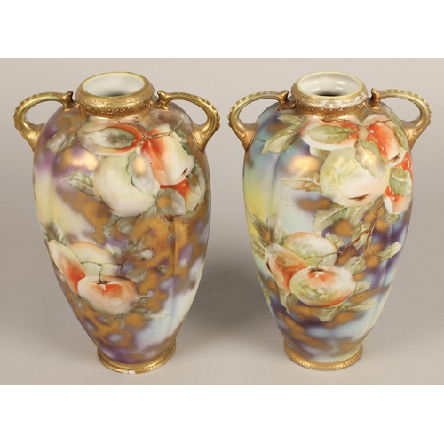 18 - Pair of Noritaki twin handled floral decorated vases.