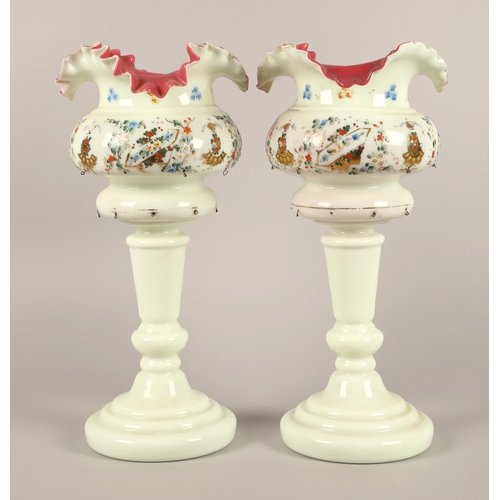 21 - Pair of Victorian floral decorated lustres. (lacking drops)