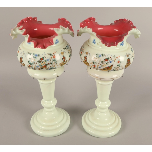 21 - Pair of Victorian floral decorated lustres. (lacking drops)