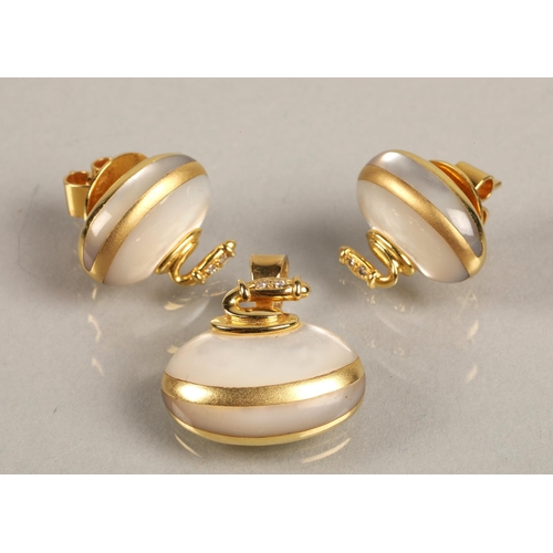 51 - 18K gold Ailsa Craig curling stone set of earrings and pendant, set with mother o' pearl and diamond... 