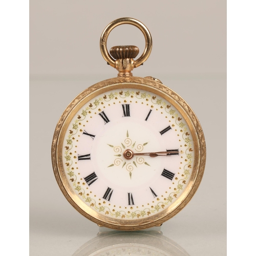 62 - 9K gold ladies pocket watch with gilt ivy leaf design on face, gross weight 29g