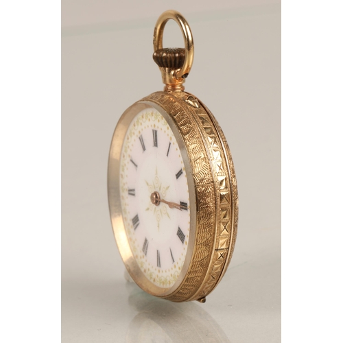 62 - 9K gold ladies pocket watch with gilt ivy leaf design on face, gross weight 29g