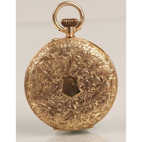 62 - 9K gold ladies pocket watch with gilt ivy leaf design on face, gross weight 29g