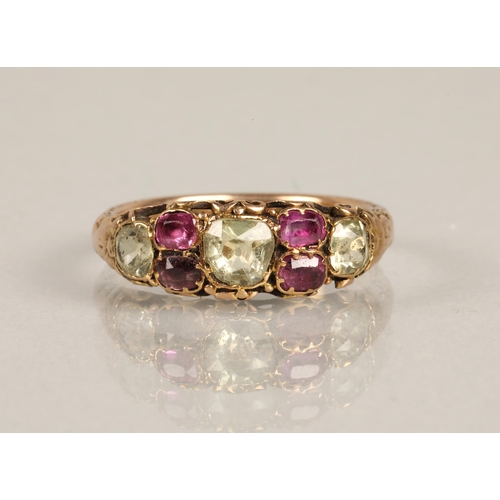 65 - Yellow metal Victorian style ring set with ruby and citrus coloured gems, size N, gross weight 2.7g