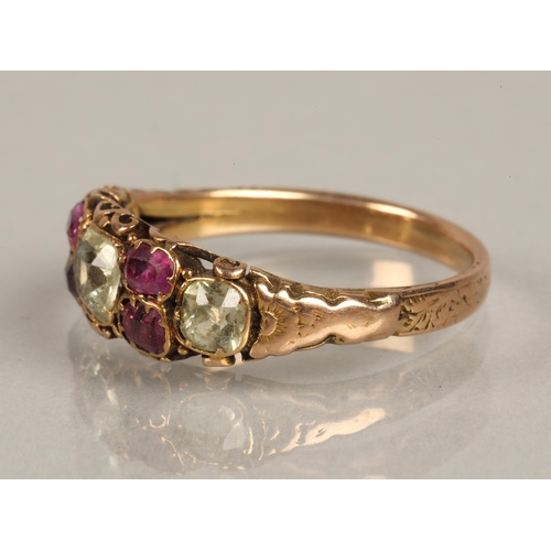 65 - Yellow metal Victorian style ring set with ruby and citrus coloured gems, size N, gross weight 2.7g