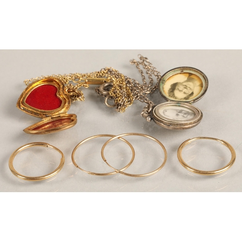 67 - Two pairs of 9ct gold hoop earrings (1.4g) a silver locket and a rolled gold heart locket