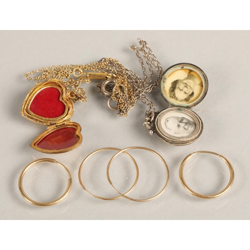 67 - Two pairs of 9ct gold hoop earrings (1.4g) a silver locket and a rolled gold heart locket