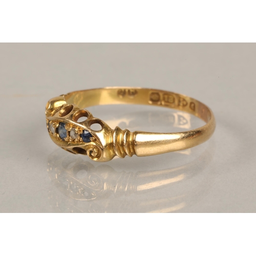 74 - 18ct gold ring set with diamonds and blue gems, ring size R, 2.4g