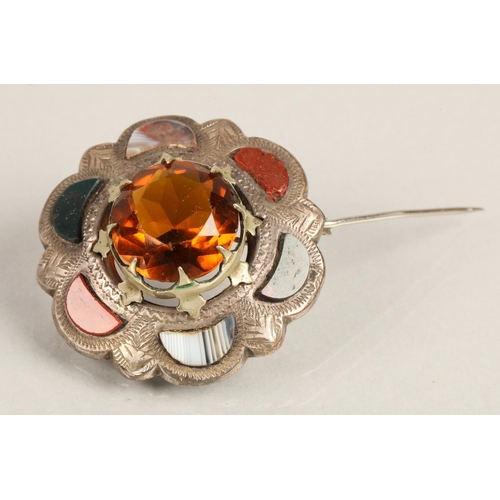 75 - White metal Scottish brooch set with agate, bloodstone, orange coloured central gem