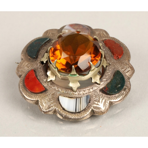 75 - White metal Scottish brooch set with agate, bloodstone, orange coloured central gem