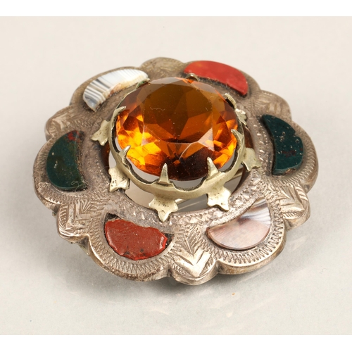 75 - White metal Scottish brooch set with agate, bloodstone, orange coloured central gem