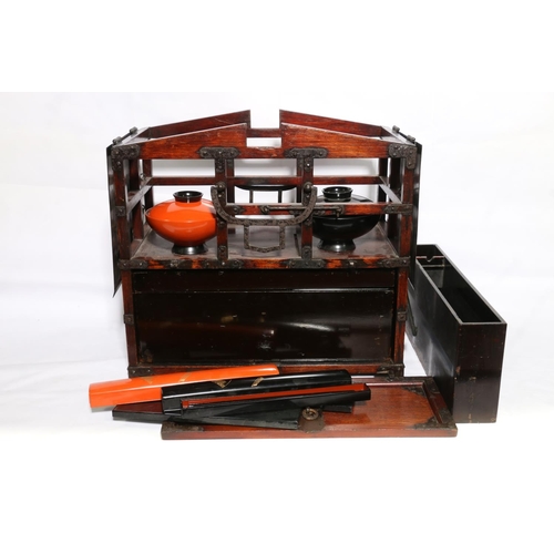 1 - Oriental wooden picnic set, 38cm high.