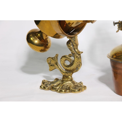 108 - Pair of brass gimbal mounted wall sconces with dolphin brackets holding Sherwood Ltd oil lamps.