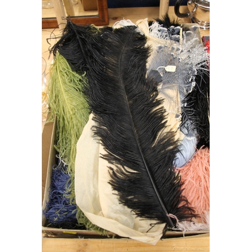 111 - Box containing ostrich and peacock feathers.