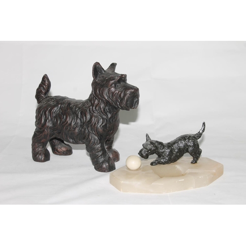 16 - Art Deco style ashtray with cold-painted bronze Scottie Dog surmount on soapstone base, 17cm long, a... 