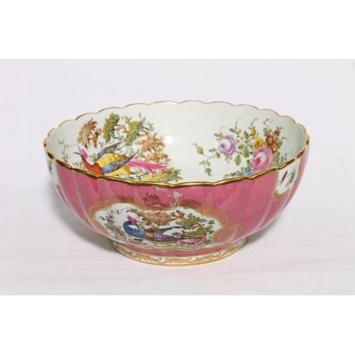 172 - Continental porcelain bowl with lobed rim having vignettes decorated with birds of paradise and inse... 