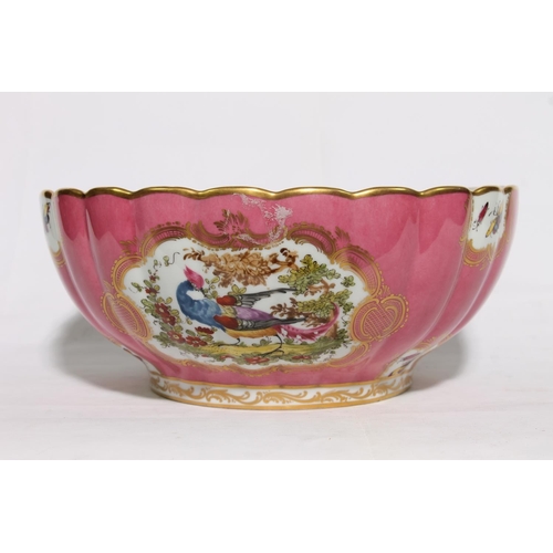 172 - Continental porcelain bowl with lobed rim having vignettes decorated with birds of paradise and inse... 