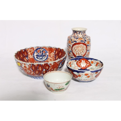 174 - Japanese Imari decorated lobed bowl, 19cm diameter, another smaller, a similar baluster vase and a C... 