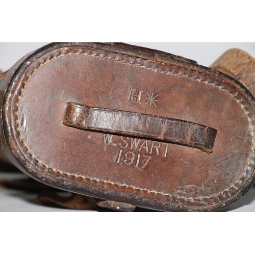 18 - Pair of WWI era La Petit Fabt of Paris field glasses in leather case, dated 1917.