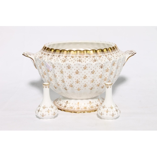 182 - Spode Gold Fleur-de-lys twin handled tureen and a pair of matching bulb vases.