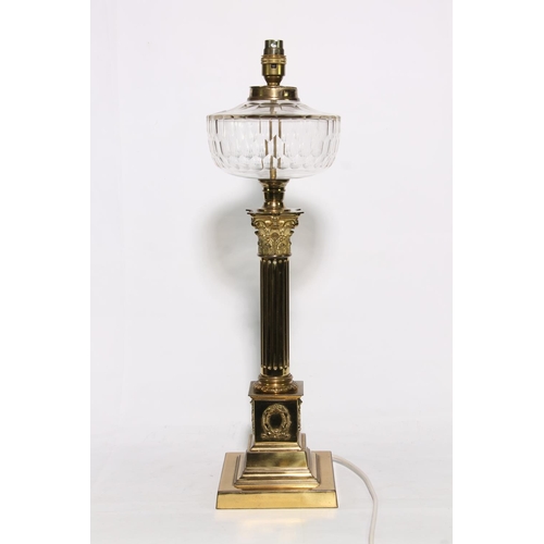 183 - Brass Corinthian column oil lamp converted for electricity, 55cm high.