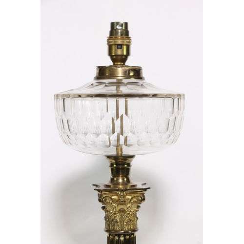 183 - Brass Corinthian column oil lamp converted for electricity, 55cm high.