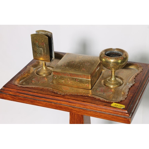 198 - Indian Benares brass smokers stand on wooden base, 60cm high.