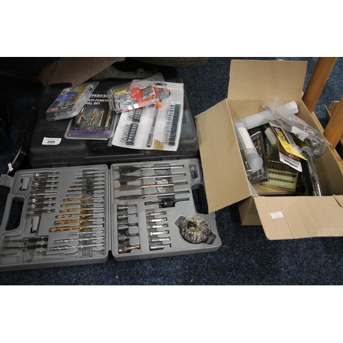 209 - Tools and accessories to include drill bits, rawlplugs, etc.