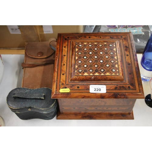 220 - Inlaid jewellery casket, a pair of Victorian multi-purpose binoculars and Kodak folding camera.