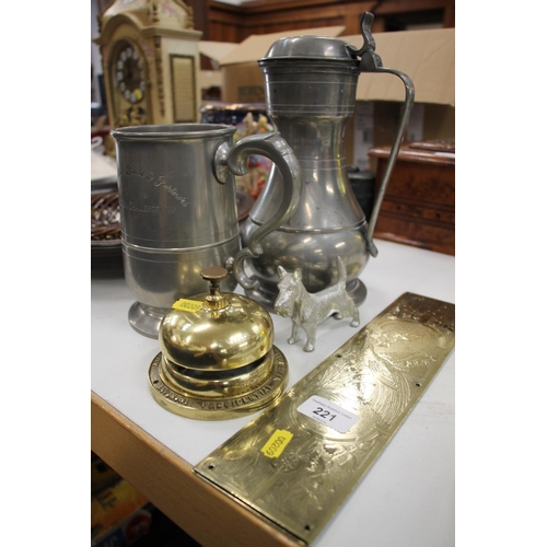 221 - Pewter tappit hen, a pewter tankard, a desk bell, a brass finger plate and a pewter model of a Scott... 