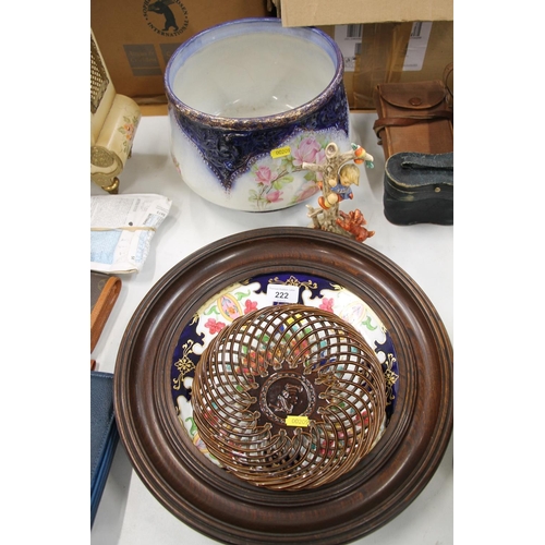 222 - Ceramics to include a Victorian polychrome plate in wooden frame, a treacle glazed lattice work bowl... 