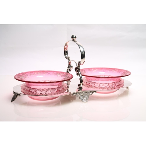 224 - Silver-plated bonbon dish stand by P Brothers having etched cranberry glass dishes, 28cm long.