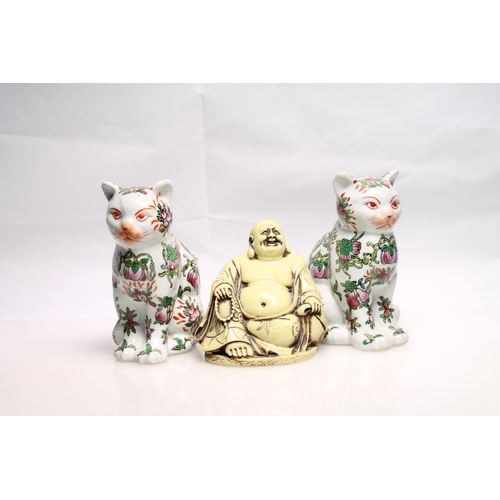 237 - Pair of Canton famille rose models of cats and a composite figure of Buddha.  (3)