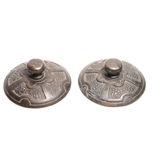 238 - Pair of cast metal weights in the form of Chinese mirrors, one incised '56' with crown, 10cm diamete... 