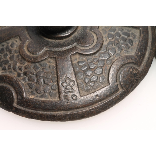 238 - Pair of cast metal weights in the form of Chinese mirrors, one incised '56' with crown, 10cm diamete... 