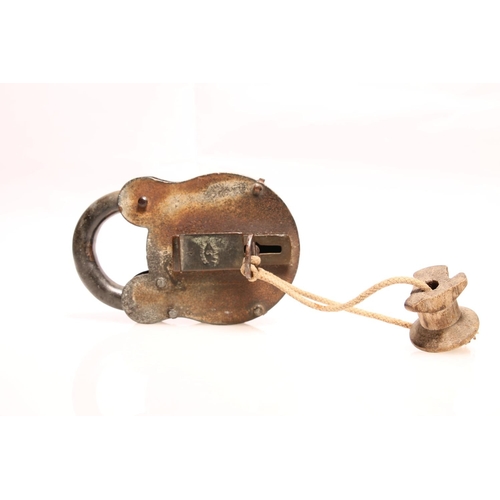 239 - Large metal padlock with key, stamped secure lever no.2.