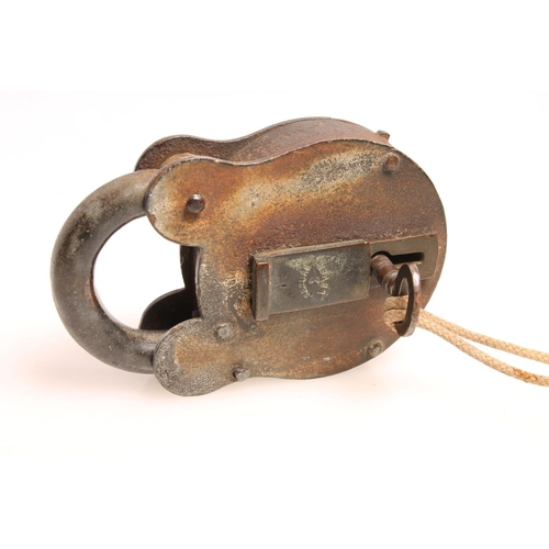 239 - Large metal padlock with key, stamped secure lever no.2.