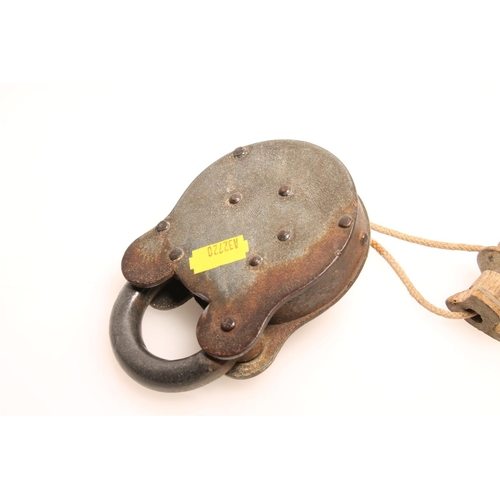 239 - Large metal padlock with key, stamped secure lever no.2.