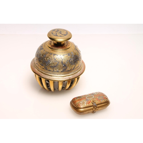 247 - Islamic enamelled brass coin purse, 7cm long, and an Indian brass and yellow work hand bell.