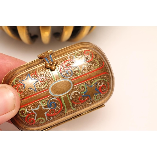 247 - Islamic enamelled brass coin purse, 7cm long, and an Indian brass and yellow work hand bell.